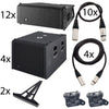 Set of audio equipment including speakers, cables, and stands on a white background