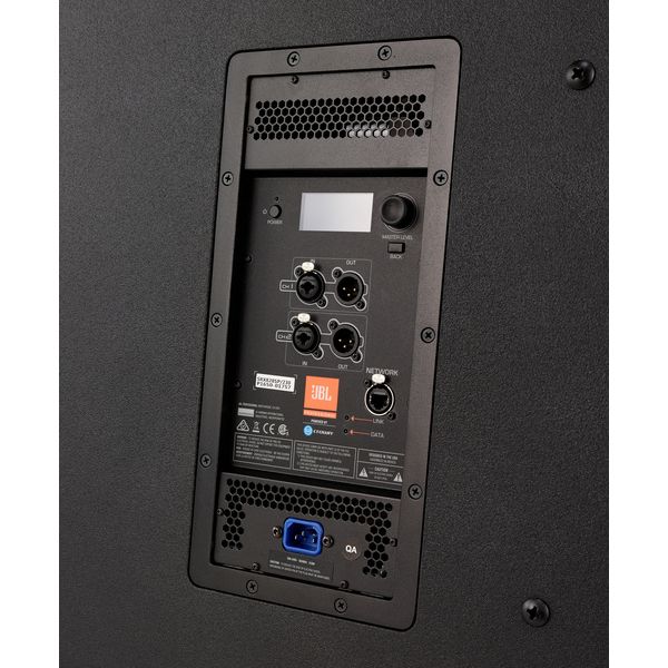 Back panel of a black audio speaker with control buttons and connectors.