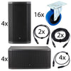 Set of JBL speakers, wheels, and cables on a white background