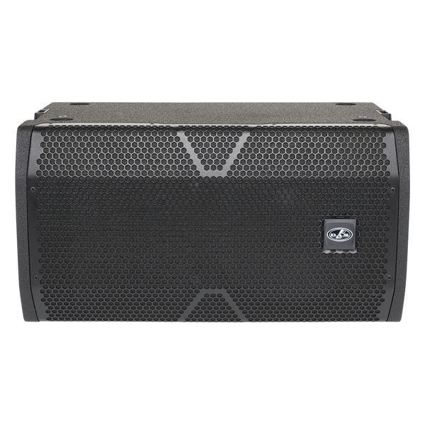 Black speaker with brand logo on a white background