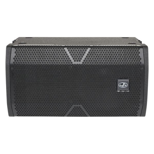 Black speaker with brand logo on a white background