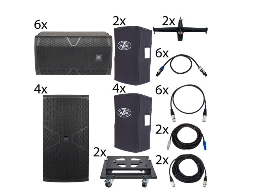 Set of audio equipment including speakers, stands, and cables on a white background
