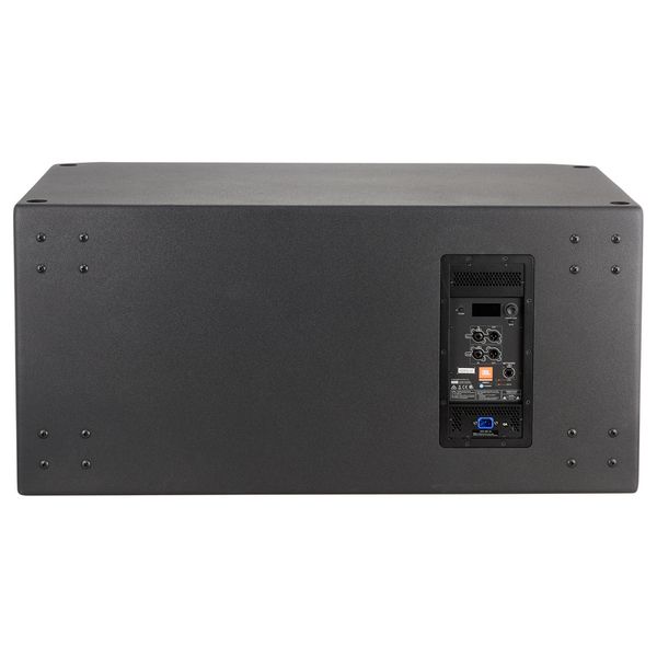 Black audio subwoofer on a white background