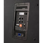 Back panel of a black audio speaker with control buttons and connectors.
