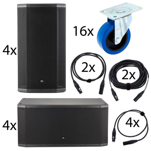 Set of JBL speakers, wheels, and cables on a white background