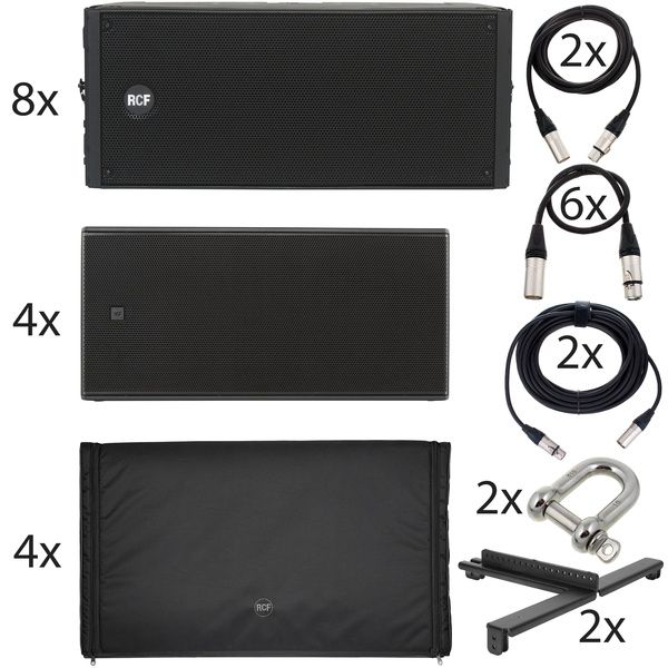 Set of RCF speakers, cables, and stands 