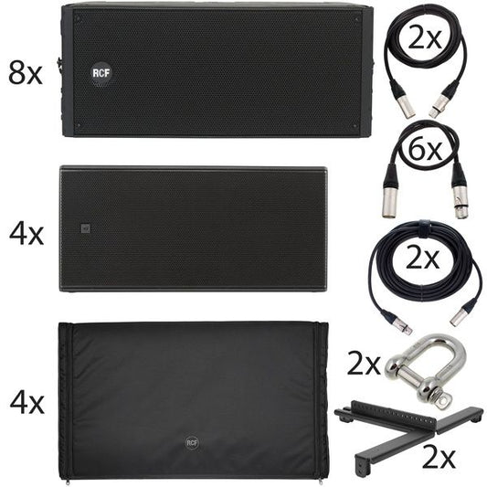 Set of RCF speakers, cables, and stands 