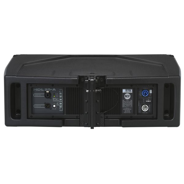 Back view of a black audio equipment component with visible branding 