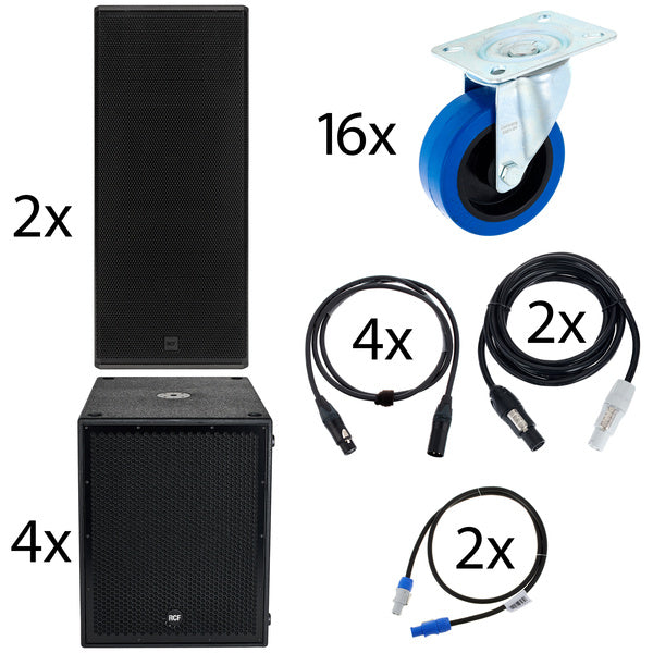 Set of speakers, wheels, cables, and connectors 