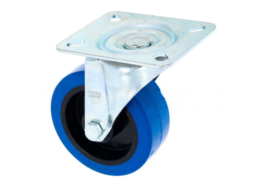 Blue caster wheel with metal mounting plate 