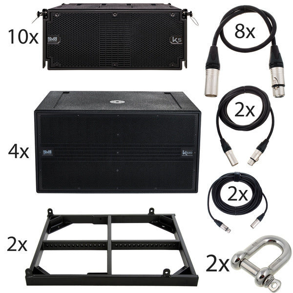 Collection of audio equipment including speakers, cables, and a stand 