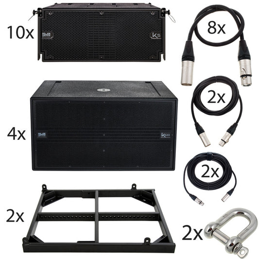 Collection of audio equipment including speakers, cables, and a stand 